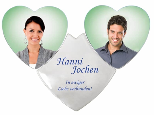 Porzellanfoto mit Doppelherz und Spruch